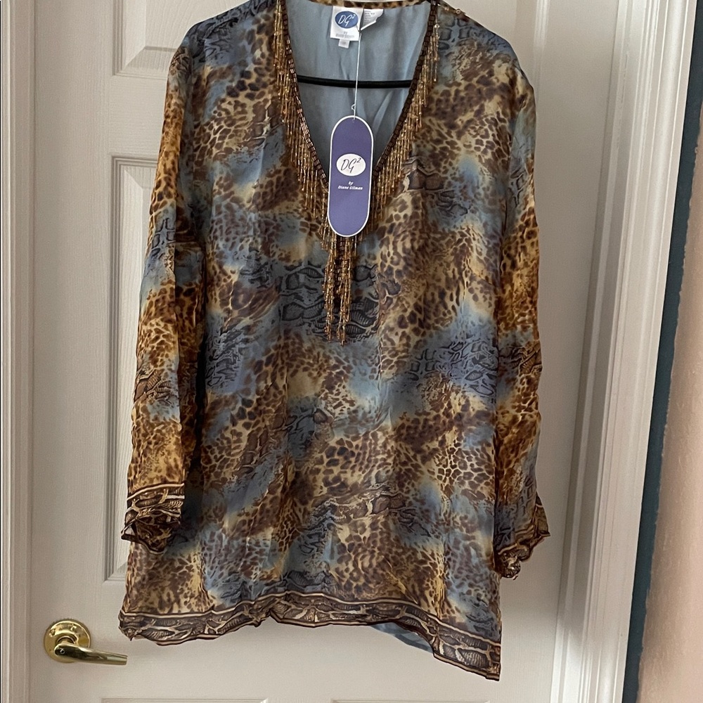 Wild Diva Leopard Print Blouse - Brown and Blue